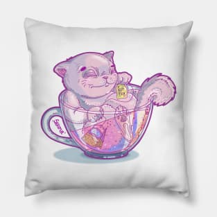 Kit-Tea Funny kitty pun with Cute Pastel Cat and Tea cup Pillow