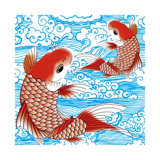 Red Koi fish and blue waves Japanese style pattern by SophieClimaArt