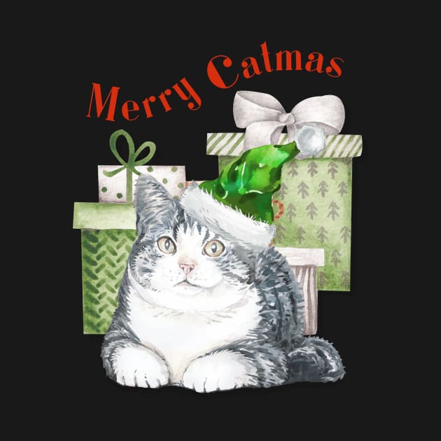 Merry Catmas Cute Cat In Green Santa Hat by JanesCreations