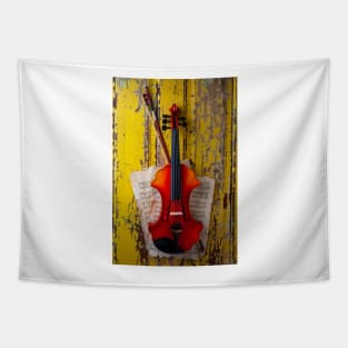 Baroque Violin Hanging On Yellow Wall Tapestry