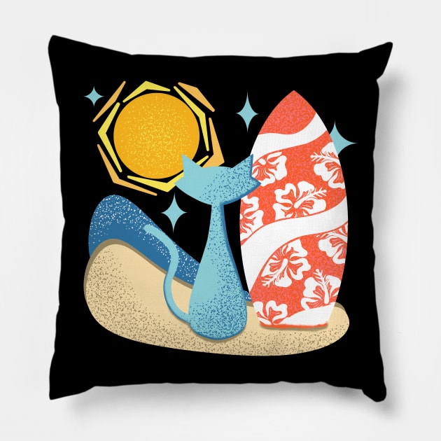 Funny Atomic Surf Cat Mid Century Modern Vibe and Surfboard Pillow by ksrogersdesigns