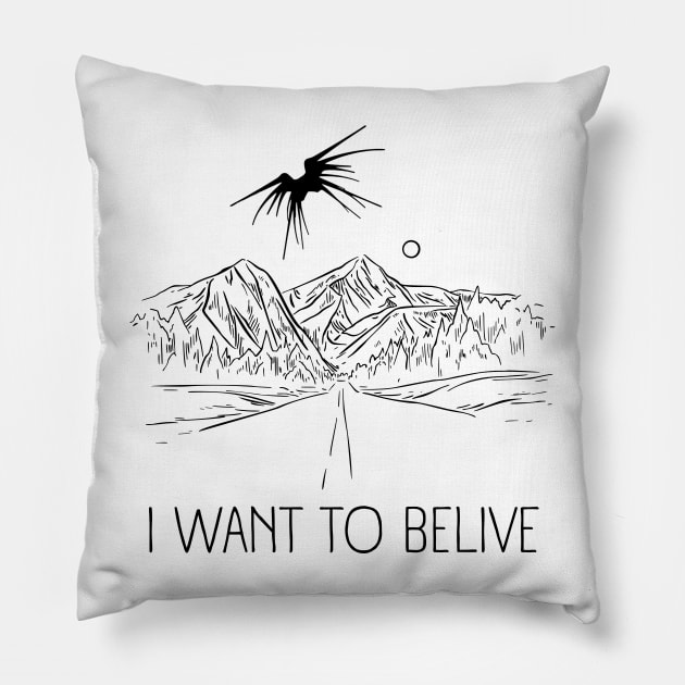 I Want to Belive - Shadow Ship Over a Road - White - Sci-Fi Pillow by Fenay-Designs