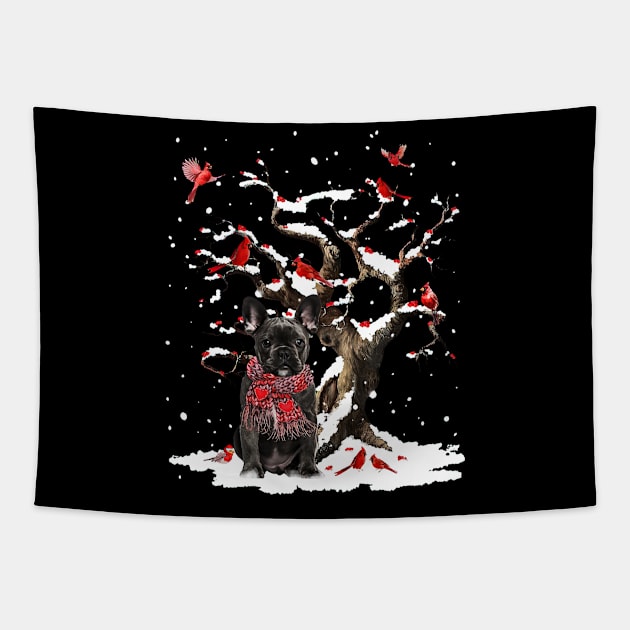 Black French Bulldog Scarf Cardinal Snow Christmas Tapestry by cogemma.art