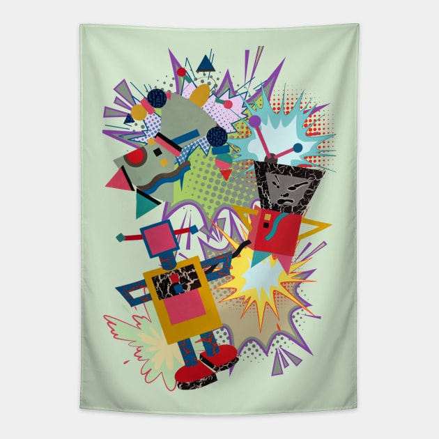 ROBOTS - ROBOT  PALS  ZAP! Memphis Post Modern Pop Style Tapestry by SwagOMart