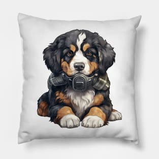 Bernese Mountain Dog Wearing Gas Mask Pillow