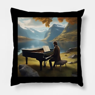 A Pianist Playing The Piano Near A Fjord In Norway. Pillow