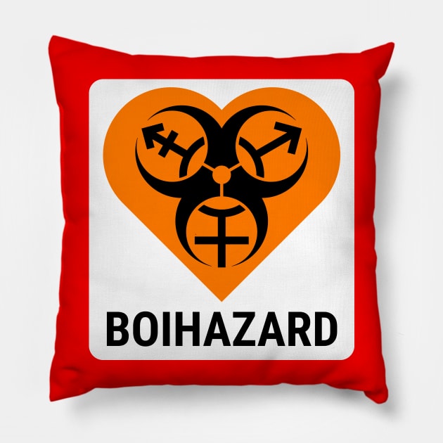 "BOI HAZARD" Heart - Label Style - Safety Orange Pillow by GenderConcepts