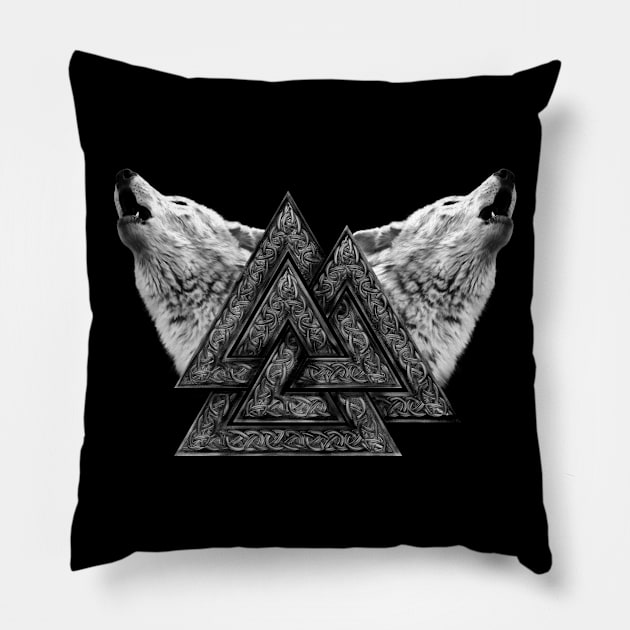 Valknut Symbol and Wolves Pillow by Nartissima