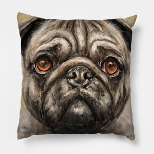 Contemporary Painting of a Pug with its Gorgeous Orange Eyes and Expression on Orange Background Pillow