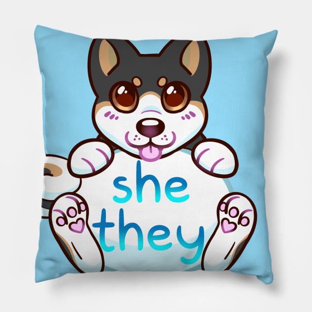 Doggy Pronouns - She/They Pillow by leashonlife