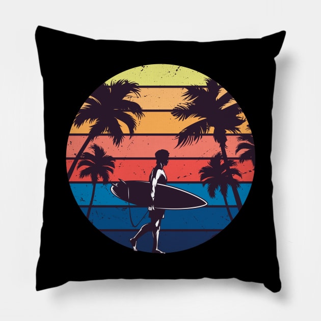 Vintage Sunset Surfing Gift For Surfers Pillow by DragonTees