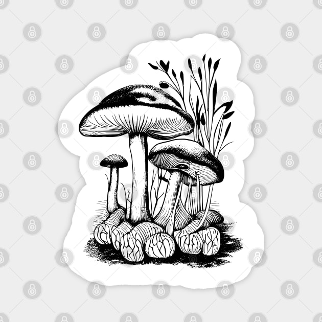 Mushroom line art wild garden collection tattoo style drawing Magnet by jen28