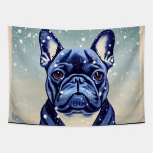 Cutest Blue French Bulldog Puppy Sitting in Snow Christmas Season Tapestry