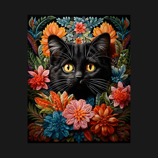 Vintage Black Cat Crochet Flowers - Whimsical Retro Design by KittyStampedeCo