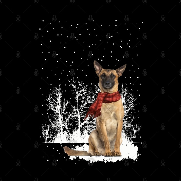 Chistmas Belgian Malinois With Scarf In Winter Forest by SuperMama1650