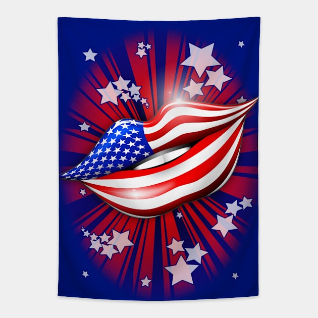 USA Flag Lipstick on Smiling Lips Tapestry by BluedarkArt