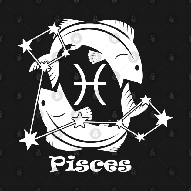 Pisces - Zodiac Astrology Symbol with Constellation and Fish Design (White on Black Variant) by Occult Designs