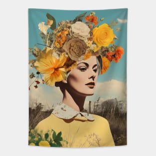 Yellow Flowers Female Portrait Collage Tapestry