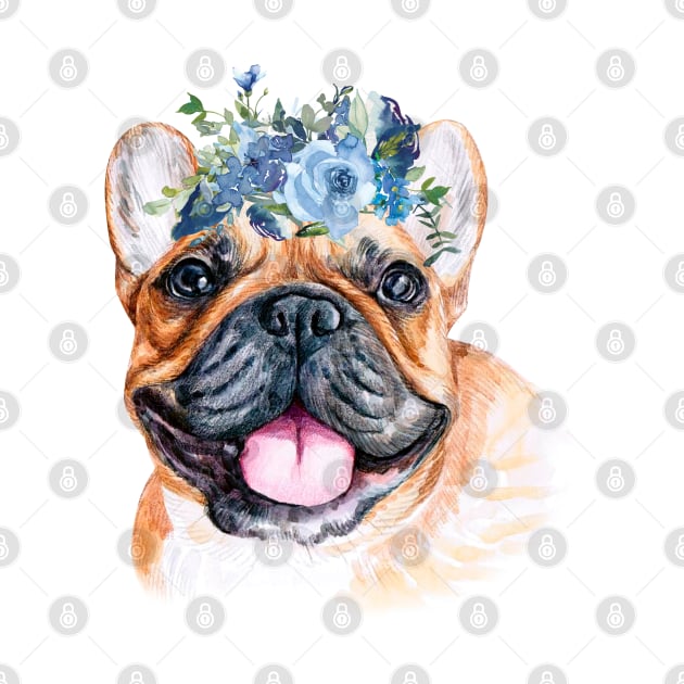 Cute French Bulldog with Blue Flower Wreath Art by AdrianaHolmesArt