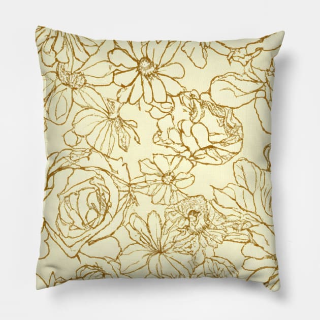 Artistic Flower Design: Hand-Drawn Roses and Daisies on a Vintage Yellow Background. Pillow by Zenflow