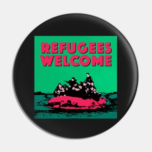 REFUGEES WELCOME (ALT. COLOURS) - ILLUSTRATION SHOWING REFUGEES ON A SMALL BOAT Pin