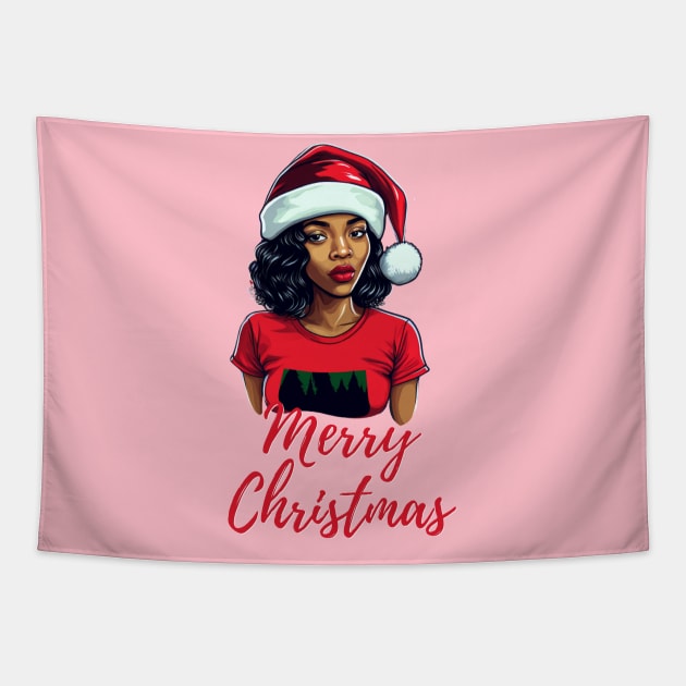 Black Woman Santa, Black Mrs Santa Claus, African American Santa, Merry Christmas Tapestry by UrbanLifeApparel