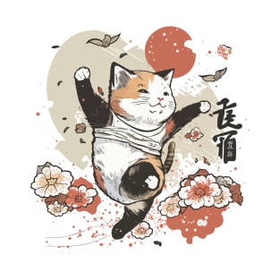 Ninja cute cat sepia between flowers T-Shirt