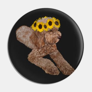 Hippie boho Cavapoo Cavoodle puppy with flower crown - cute cavalier king charles spaniel with sunflowers in hair Pin