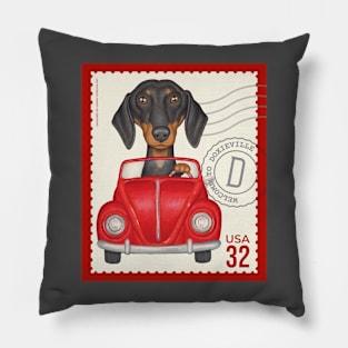 Cute Doxie driving classic red car on vintage stamp Pillow