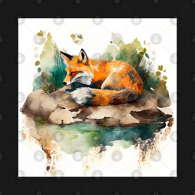 Sleepy Red Fox Watercolor by The Art Mage