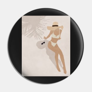 Woman, Girl, On the beach, Under palm, Hat, Boho style art, Mid century art Pin