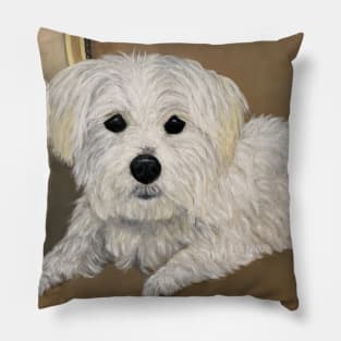 Maltese dog oil portrait. Little white dog with black button eyes and nose. Pillow