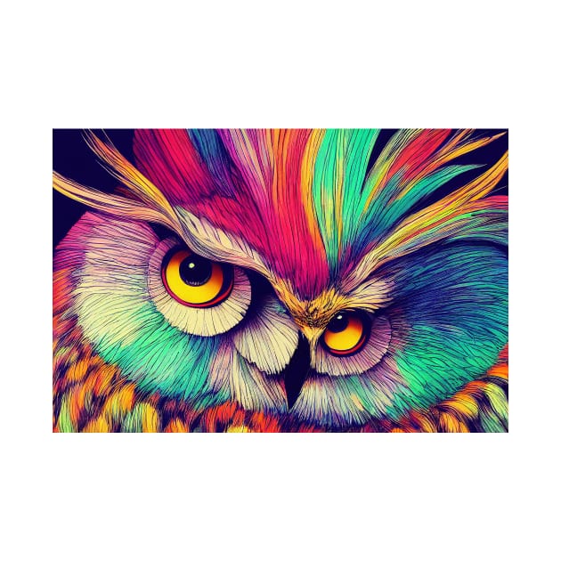 Colorful Abstract Owl Portrait Illustration - Bright Vibrant Colors Bohemian Style Feathers Psychedelic Bird Animal Rainbow Colored Art by JensenArtCo