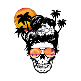 Sun Salt Sand Beach Coconut Tree Messy Bun Skull Vacation T-Shirt