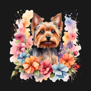 A yorkshire terrier decorated with beautiful watercolor flowers T-Shirt