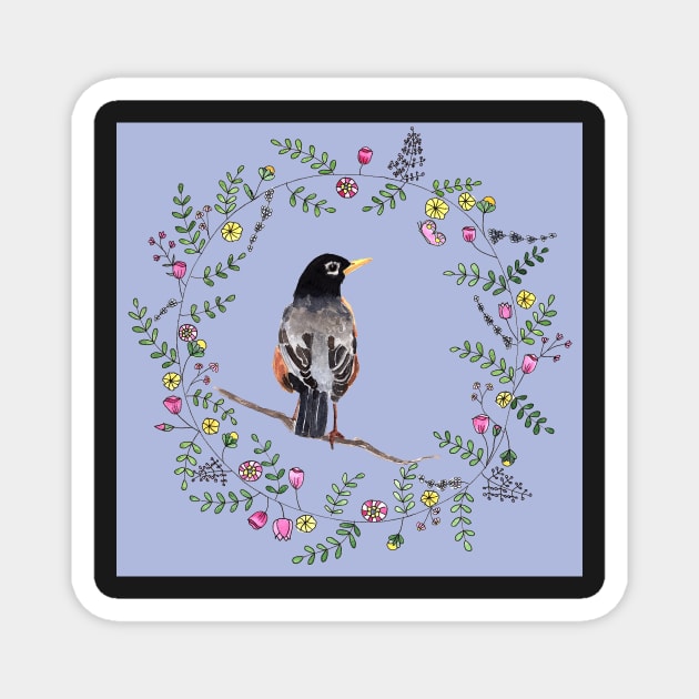 American Robin with Flower Wreath and lilac background Magnet by Sandraartist