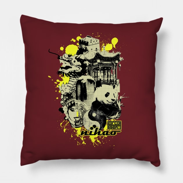 Ni Hao Hello Hi Collage Panda Dragon Chinese Asian Pillow by porcodiseno