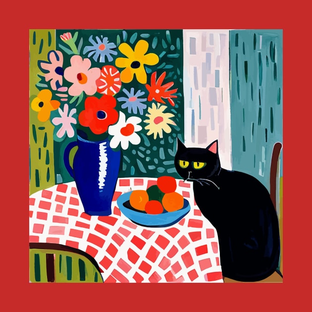 Black Cat in Still Life Painting with Flower Vase by bragova