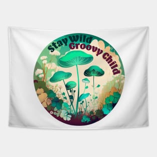 Stay Wild Groovy Child Mushroom Cottagecore Tapestry