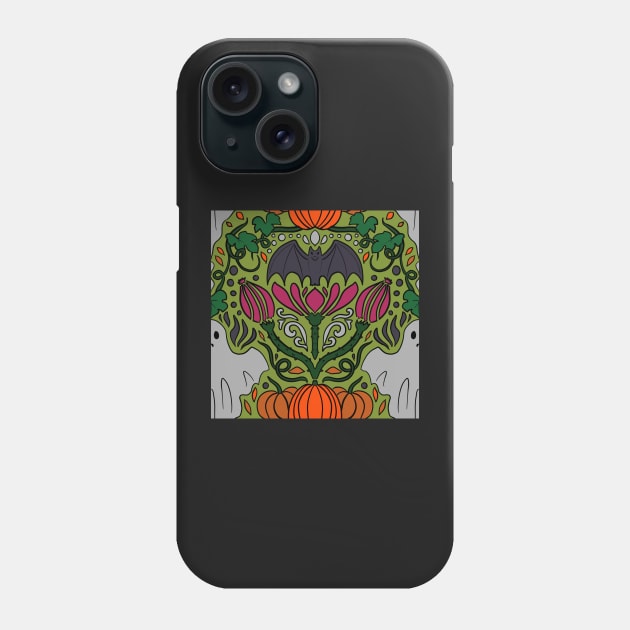 Spooky Halloween Damask Print with Bats, Pumpkins,Ghosts and Thistle on Moss Green Phone Case by JamieWetzel