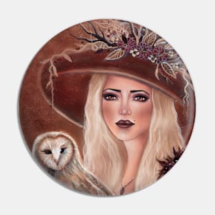 Willow witch with owl Art by Renee Lavoie Pin