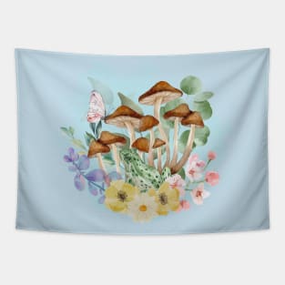 Watercolor Mushroom and Frog Botanical Graphic Tee Tapestry