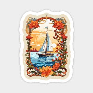 Sailing boat at sunset retro vintage floral design Magnet