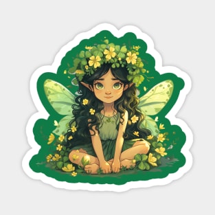 Cute Saint Patrick's Day Fairy sitting in four leaf clovers shamrocks and flowers happy St. Patricks Day Magnet