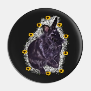 Cute fluffy bunny rabbit with sunflowers of summer - ebony colored coloured lionhead bunny rabbit with pink background Pin