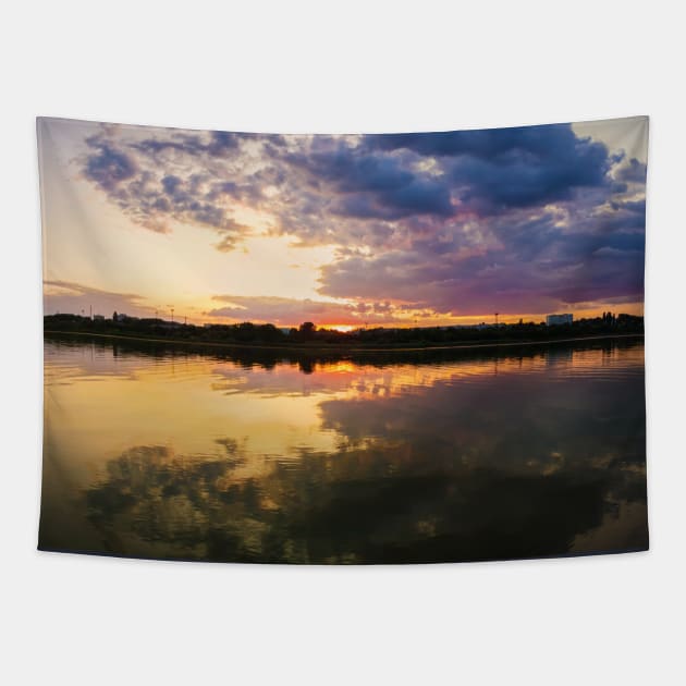 sunset reflection pano Tapestry by psychoshadow