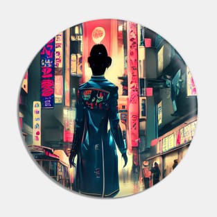 Cyberpunk girl in the streets of Tokyo Pin