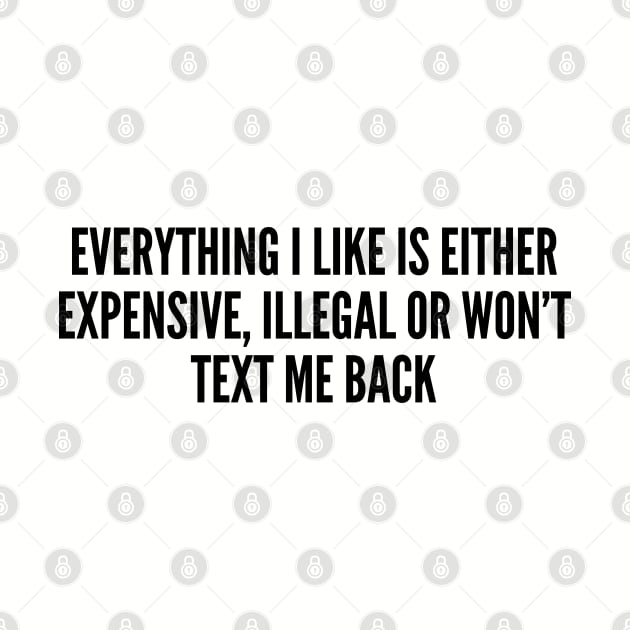 Funny - Everything I Like Is Either Expensive Illegal Or Don't Text Me Back - Funny Joke Statement Humor Quotes Slogan by sillyslogans