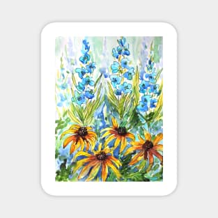 Delphinium and Echinacea  Flowers Watercolor Painting Magnet