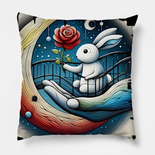 Illustration of a Rabbit stands on a bridge and gives a rose to the moon. Pillow